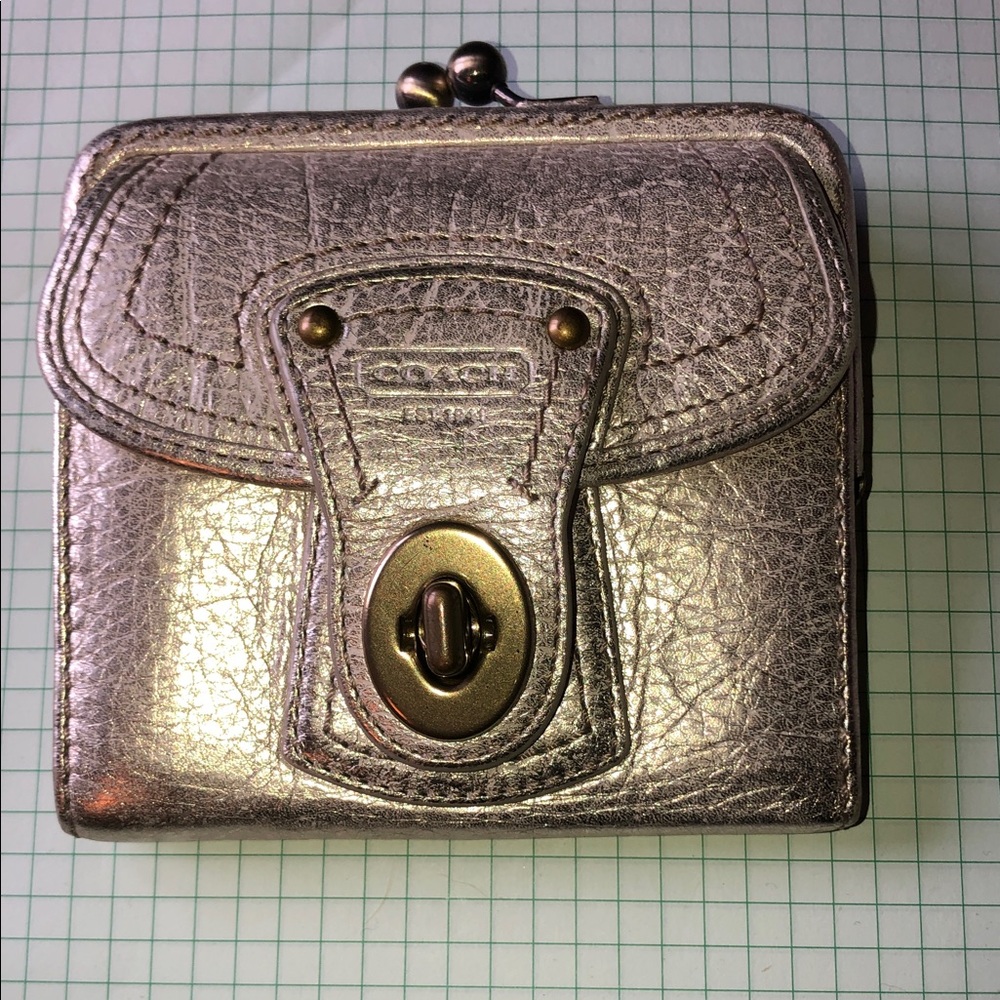 Coach Metallic Leather Turnlock Wallet - Silver Tone